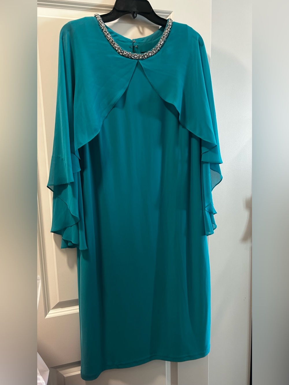 Joseph Ribkoff Teal Cape-Sleeve Evening Dress with Beaded Neckline